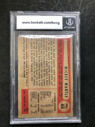 1954 Bowman Mickey Mantle 65 Baseball Card BCCG 6 GD Or Better Not PSA BVG 2