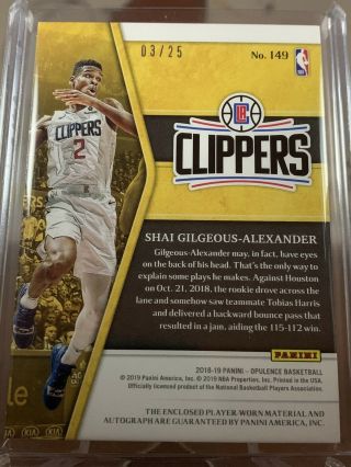 2018 - 19 Opulence Shai Gilgeous - Alexander Rookie Patch Auto RPA RC GOLD /25 2