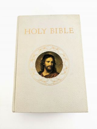 Holy Bible Catholic Action Edition Vtg 1953 Hardcover Cream White Gold Page