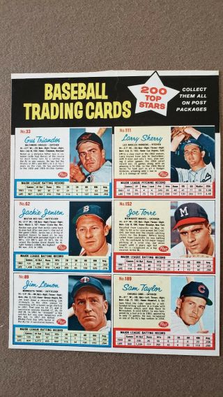 1962 Post Cereal Uncut Panel Of 6 Cards Incl Joe Torre