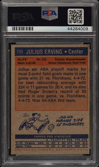 1972 Topps Basketball Julius Erving ROOKIE RC 195 PSA 5 EX (PWCC) 2