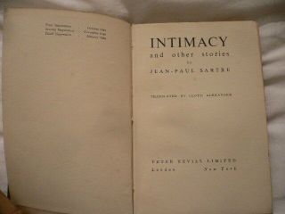Intimacy And Other Stories Jean - Paul Sartre Trans Lloyd Alexander 1st Ed 3rd Imp