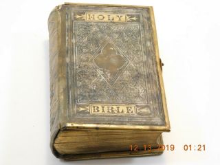 1867 Civil War Era Leather Bound Bible Gilded Edges And Clasp