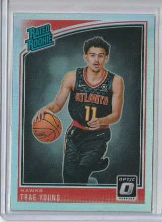 Trae Young 2018 - 19 Panini Optic Rated Rookie Silver Holo Prizm Card 198 Hawks