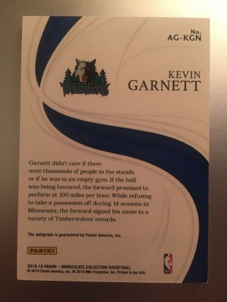 2018 - 19 Panini Immaculate Kevin Garnett AUTO Autograph Timberwolves 41/49 RARE 2