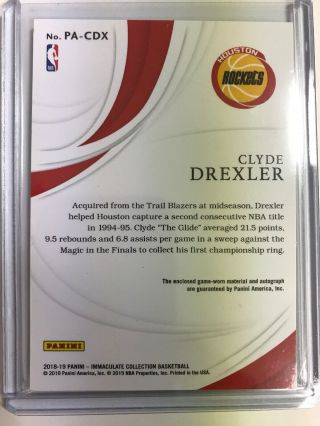 Clyde Drexler /20 2019 Panini Immaculate Acetate Premier Auto Patch 3