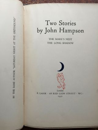 1931 Two Stories By John Hampson (in 1) Signed Ltd Ed 27/250 Private Press