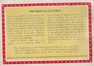 PIPE NIGHT - JOHN O ' HARA - ARMED SERVICES ED 741.  - 1940 - FINE 2