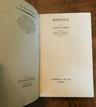 Richard Keverne Menace 1934 First Edition Second Impression Hardback