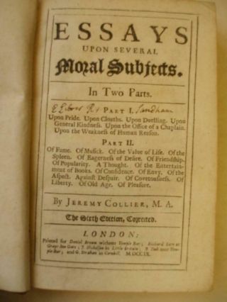 Essays Upon Several Moral Subects In 2 Parts Jeremy Collier 1709 Calf Boards