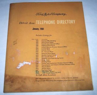 Vintage 1961 Ford Motor Company Detroit Area Telephone Directory Book