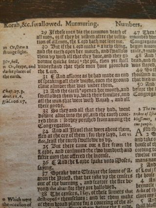 1598 Geneva Breeches Bible Leaf/Page Gothic font Korah Rebel,  Aaron ' s Rod Buds 2