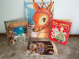 Vintage Childrens Christmas Golden Books,  Magic Slate & Reindeer Tray Puzzle